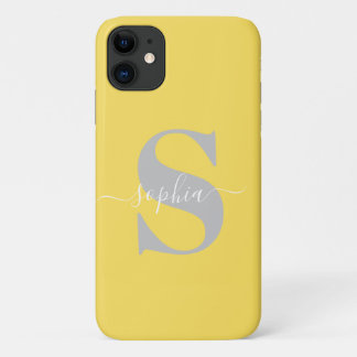 Capa Para iPhone 11 Nome Personalizado, Script Inicial, Amarelo/Pratea