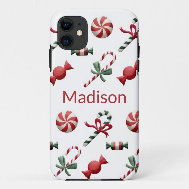 Capa Para iPhone 11 Nome Personalizado Vermelho Verde Candy de Natal (Verso)