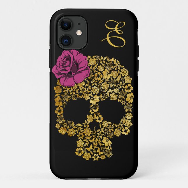 Capa Para iPhone 11 O crânio floral dourado com aumentou caso do (Verso)