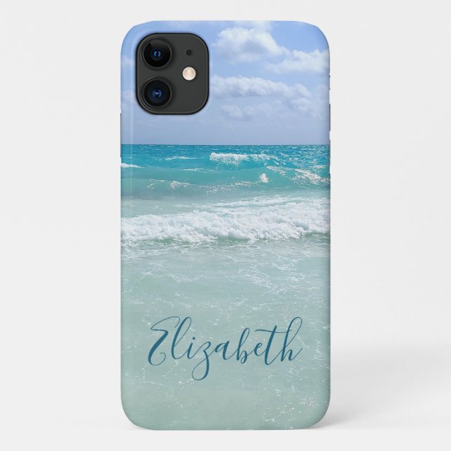 Capa Para iPhone 11 Ocean Beach Waves Adicione Seu Nome (Verso)