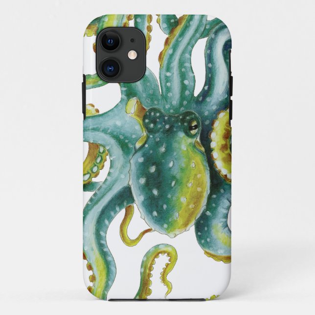 Capa Para iPhone 11 Octopus Green Watercolor Art (Verso)