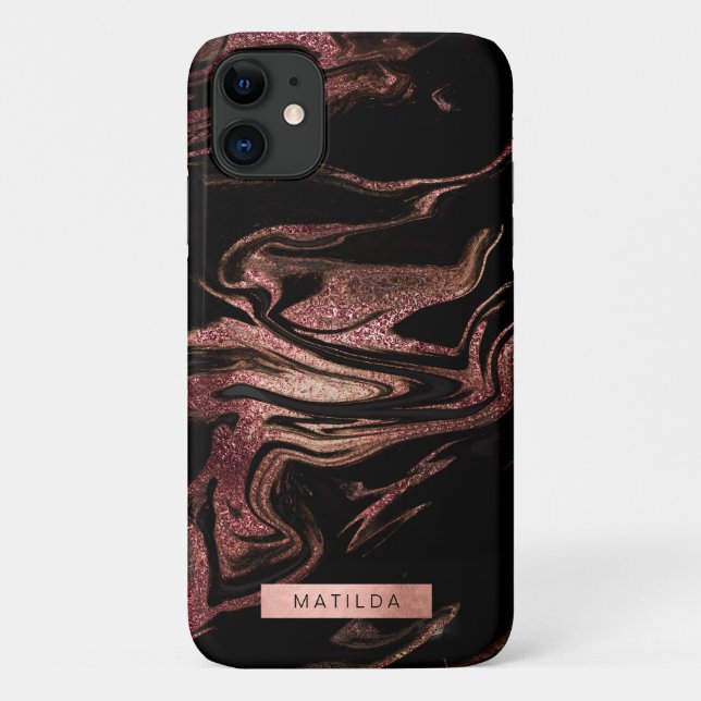 Capa Para iPhone 11 Olho de mármore preto rosa de cobre elegante (Verso)