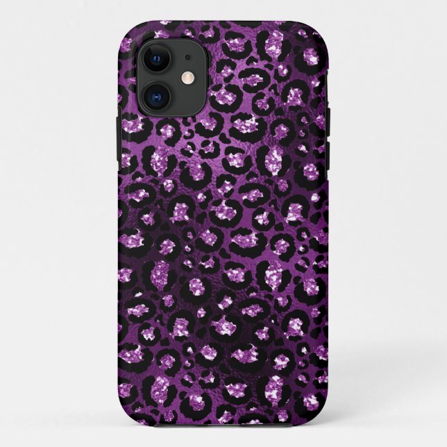 Capa Para iPhone 11 Ombre Roxo e Glama Preta Manchas-Leopardo-Luminosa (Verso)