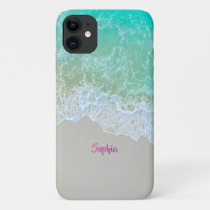 Capa Para iPhone 11 Ondas do Oceano, Areia da Praia, Nome em Letra Red