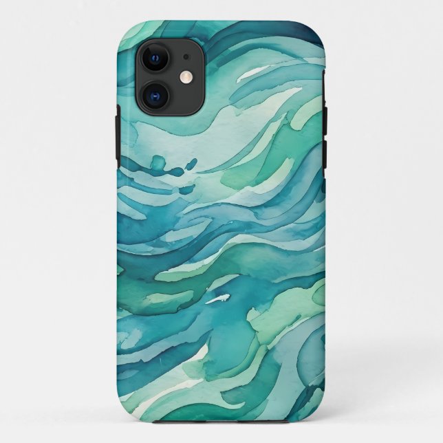 Capa Para iPhone 11 Ondas do Oceano em Aquarela Turquesa (Verso)