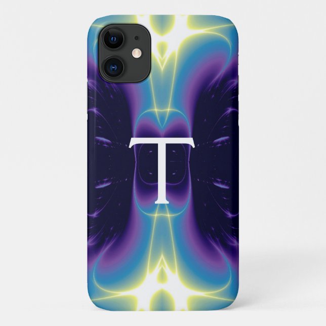 Capa Para iPhone 11 ONDAS LUMINOSAS MONOGRAMA azul violeta roxo (Verso)