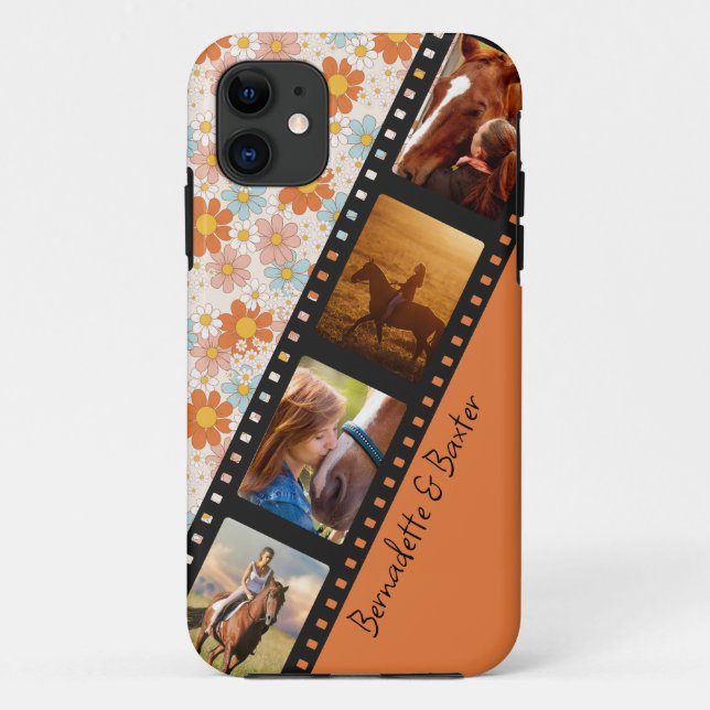 Capa Para iPhone 11 Orange Retro Daisy 4 Photo Horse Collage Name (Verso)