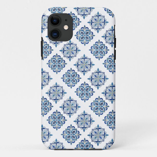 Capa Para iPhone 11 Ornamento bordado azul no branco (Verso)