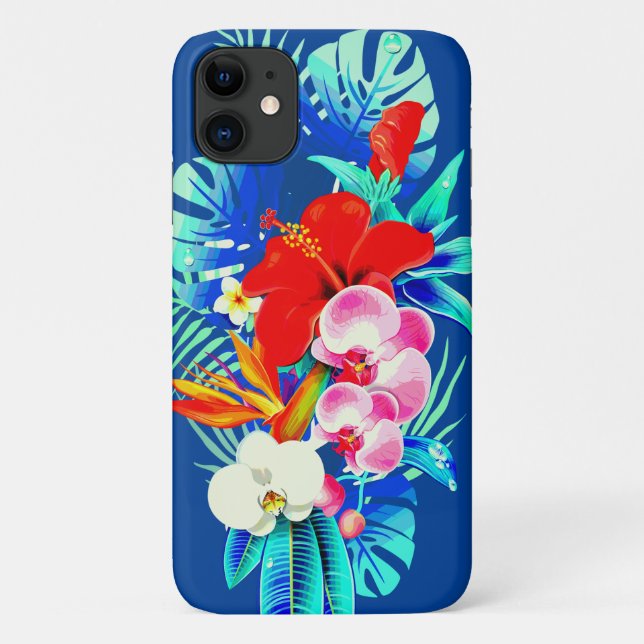 Capa Para iPhone 11 Orquídea tropical monstera palmeira havaiana azul  (Verso)