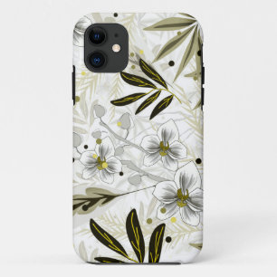 Capa Para iPhone 11 Orquídeas brancas com folhas tropicais de oliveira