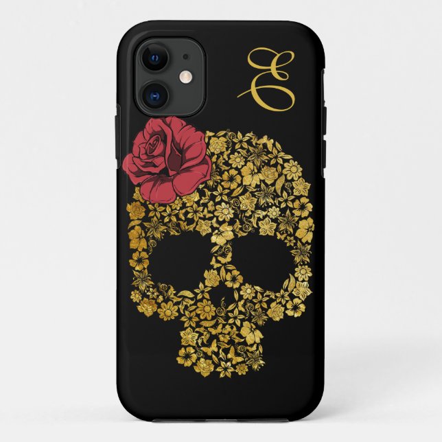 Capa Para iPhone 11 Ouro Crânio Floral Com Rosa| Caso iPhone 5 (Verso)