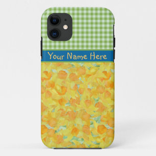 Capa Para iPhone 11 Ouro Daffodils e Green Check Gingham