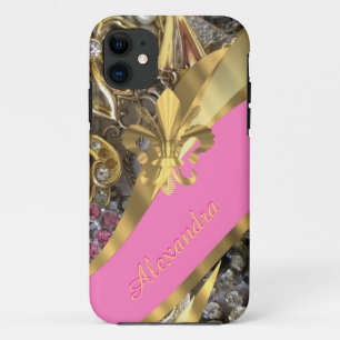 Capa Para iPhone 11 Ouro elegante chique e bling cor-de-rosa