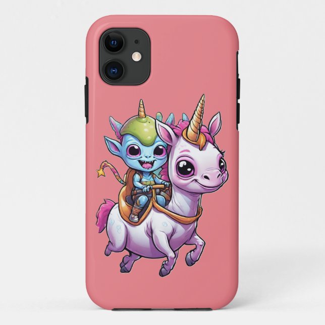 Capa Para iPhone 11 OVNI (Cute Space Alienígena) montando um unicórnio (Verso)