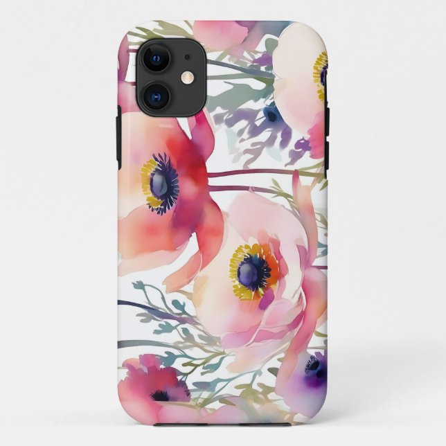 Capa Para iPhone 11 Padrão Anêmono Elegante rosa e roxo (Verso)