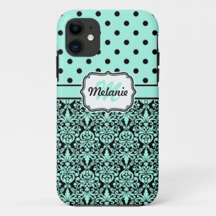 Capa Para iPhone 11 Padrão Bolinhas de Damasco Monograma Turquesa