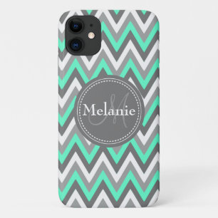 Capa Para iPhone 11 Padrão Chevron Azul e Cinza Monograma