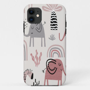 Capa Para iPhone 11 padrão com elefantes e girafas fofos gigante