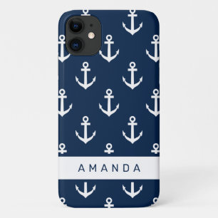 Capa Para iPhone 11 Padrão de âncora azul de marinho náutico personali