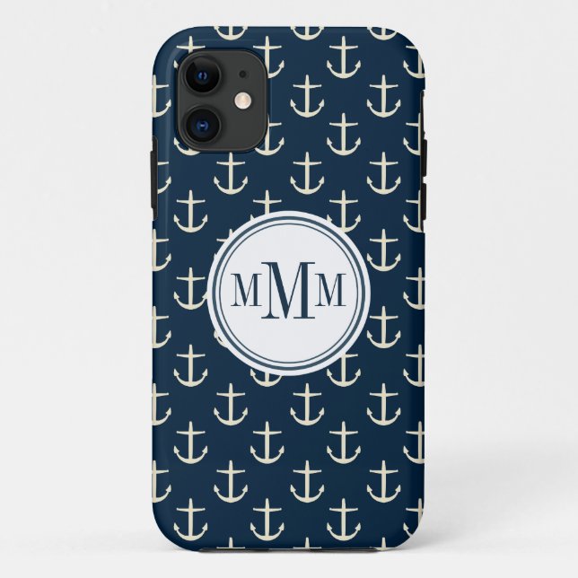 Capa Para iPhone 11 Padrão de Âncora do Trio Monograma (Verso)