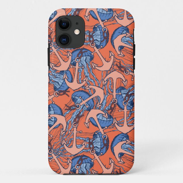 Capa Para iPhone 11 Padrão De Âncora E De Água-Viva (Verso)