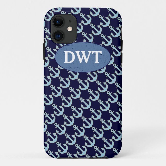 Capa Para iPhone 11 padrão de âncoras azuis personalizado (Verso)