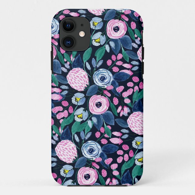 Capa Para iPhone 11 Padrão de Aquarela do Buquê Floral Azul, Marinho R (Verso)