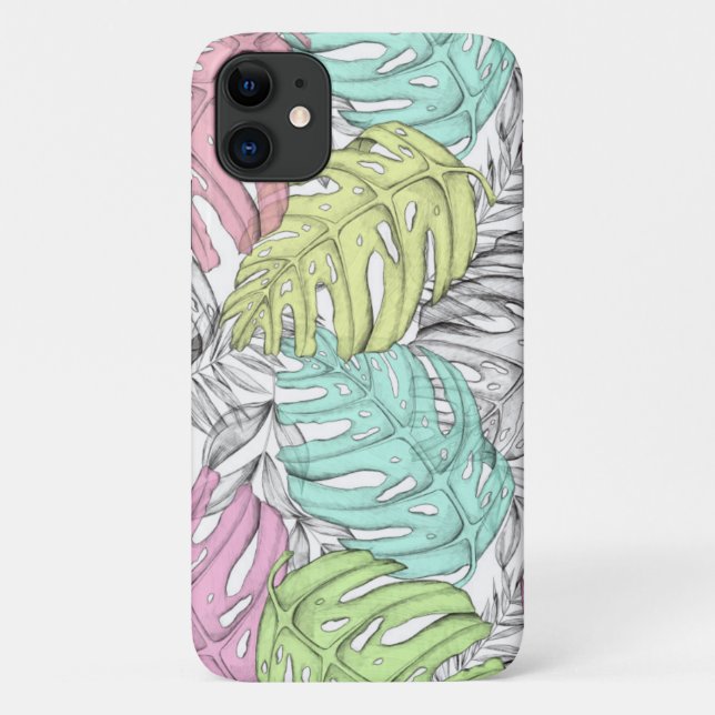 Capa Para iPhone 11 Padrão de aquarela pastosa monstera tropical (Verso)