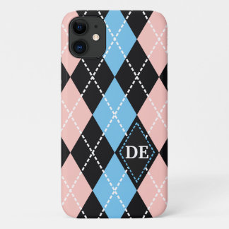 Capa Para iPhone 11 Padrão de argyle preto, cinza e monograma rosa