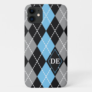 Capa Para iPhone 11 Padrão de Argyle preto, monograma azul de cinza