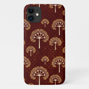 Capa Para iPhone 11 Padrão de Árvores Douradas e brancas em vermelho