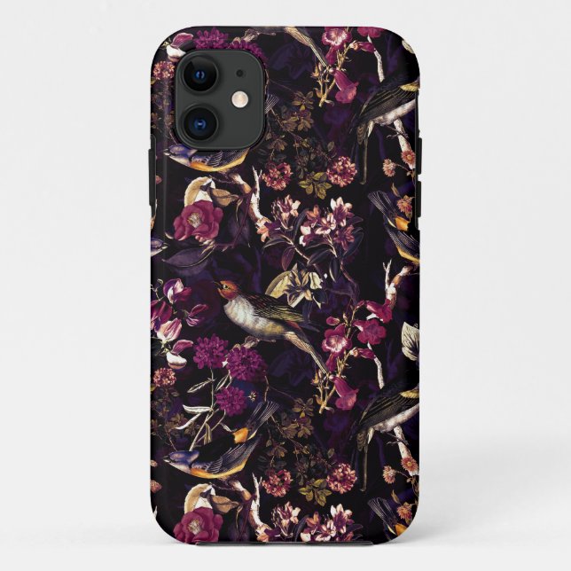 Capa Para iPhone 11 Padrão de Aves Anticorais Florais Roxas (Verso)
