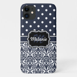 Capa Para iPhone 11 Padrão de Bolinhas Damask Monograma Azul Escuro