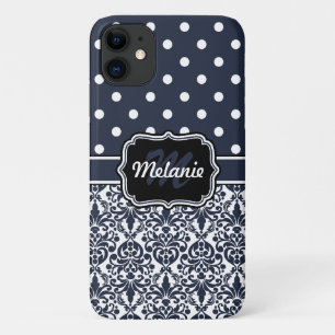 Capa Para iPhone 11 Padrão de Bolinhas Damask Monograma Azul Escuro