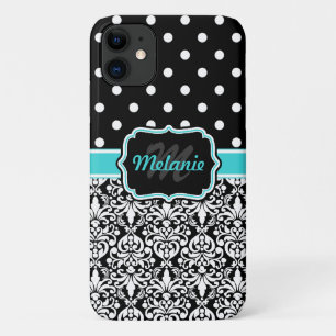 Capa Para iPhone 11 Padrão de Bolinhas de Damask Monograma Azul Brilha