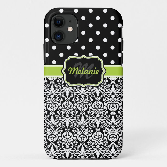 Capa Para iPhone 11 Padrão de Bolinhas de Damask Verde Preto (Verso)