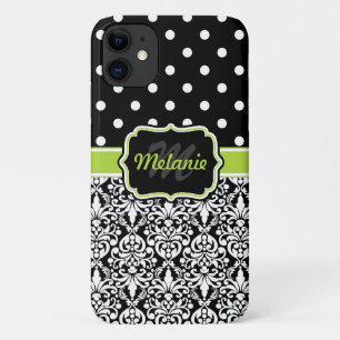 Capa Para iPhone 11 Padrão de Bolinhas de Damask Verde Preto