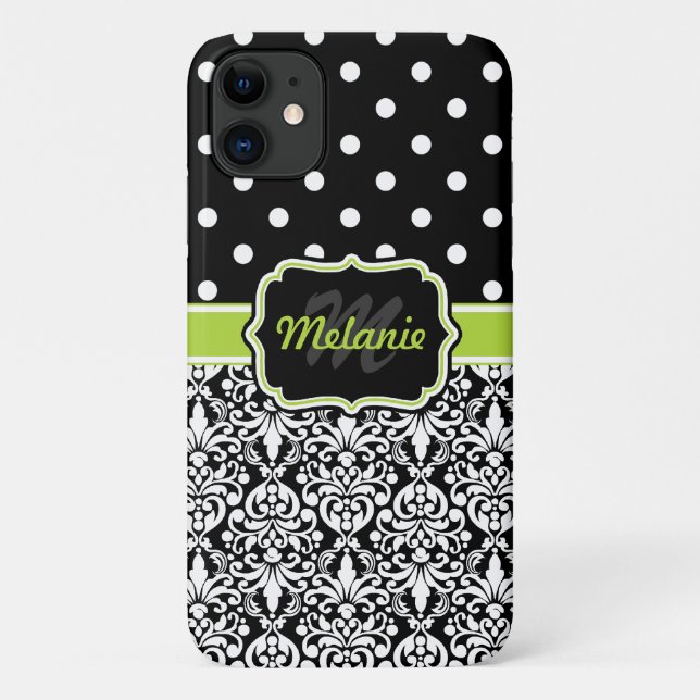 Capa Para iPhone 11 Padrão de Bolinhas de Damask Verde Preto (Verso)
