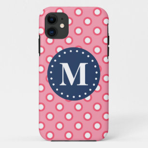 Capa Para iPhone 11 Padrão de Bolinhas Rosa Monograma Azul