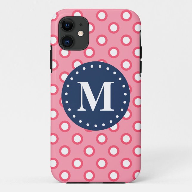 Capa Para iPhone 11 Padrão de Bolinhas Rosa Monograma Azul (Verso)
