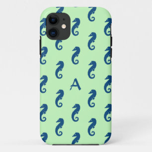 Capa Para iPhone 11 Padrão de cavalo marinho em Mint Green & Monograma