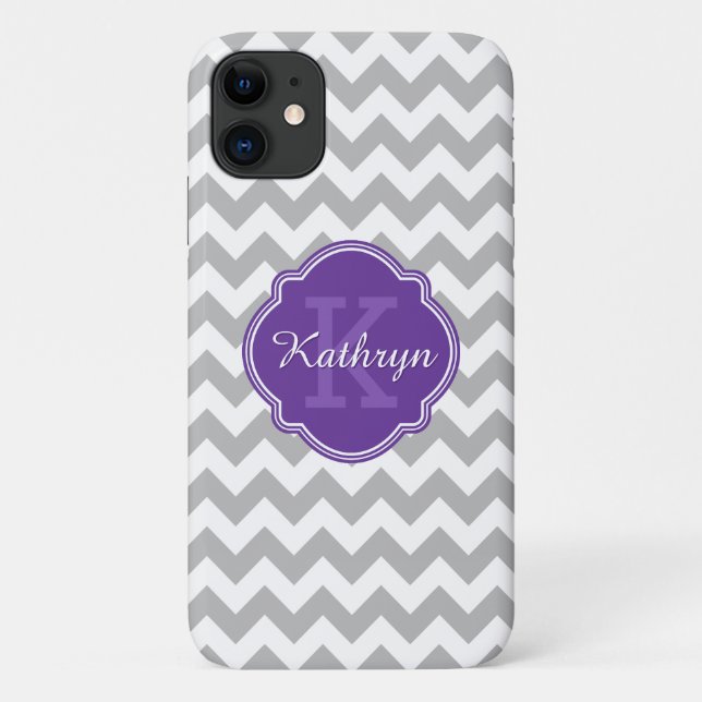 Capa Para iPhone 11 Padrão de Cevon da Cinza Monograma Roxo (Verso)
