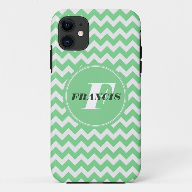 Capa Para iPhone 11 Padrão De Cevon Monograma Verde E Branco (Verso)