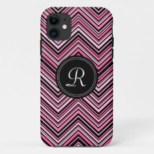 Capa Para iPhone 11 Padrão de Chevron Preto-Cor-de-Rosa Monograma