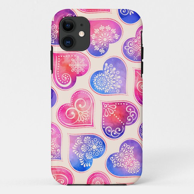 Capa Para iPhone 11 Padrão de Corações de Renda em Aquarela (Delicate lace hearts meet dreamy watercolor hues.”)