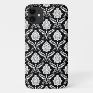 Capa Para iPhone 11 Padrão de Damasco Rococó Branco no Preto