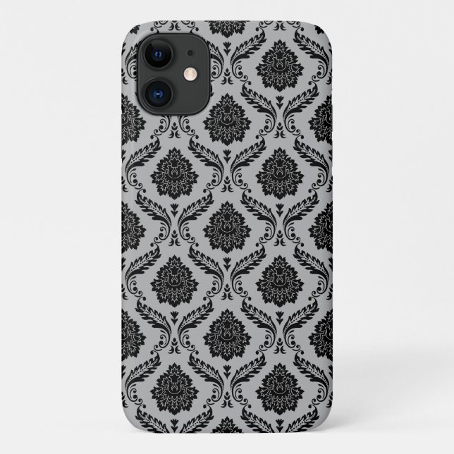 Capa Para iPhone 11 Padrão de Damasco Rococó Preto no Cinza (Verso)