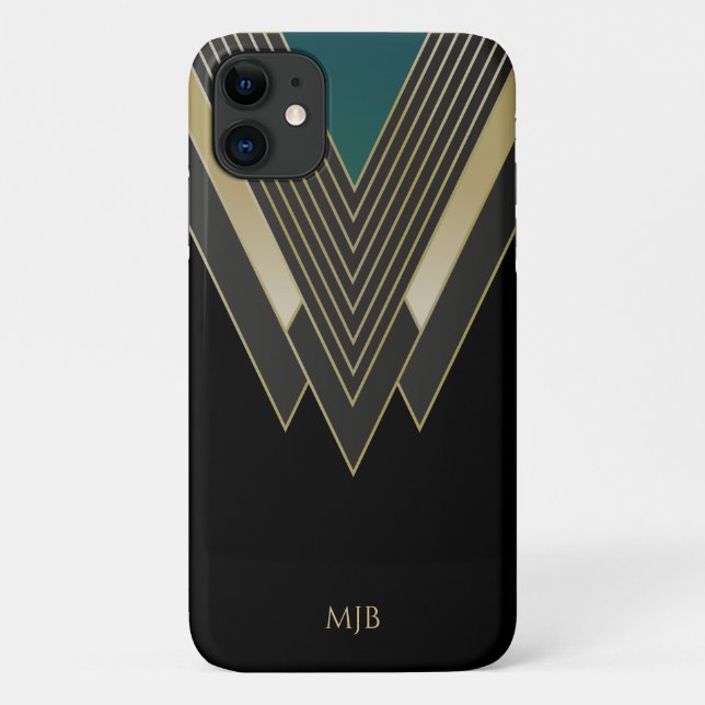 Capa Para iPhone 11 Padrão de Deco de Arte Preta e Dourada com Monogra (Verso)