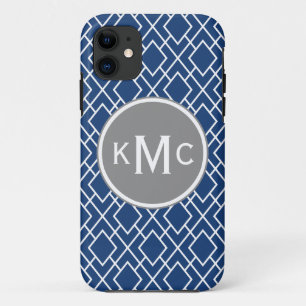 Capa Para iPhone 11 Padrão de Diamante Azul do Marinho monograma