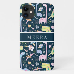 Capa Para iPhone 11 Padrão de Dinossauros de Desenho Animado Fofo Nome
